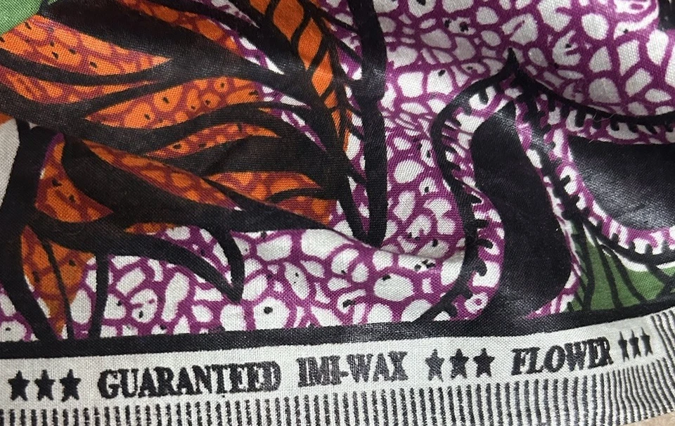 Vintage Fabric Cotton Wax African Print Floral Orange Purple Green 2 Yards - Image 4 of 4