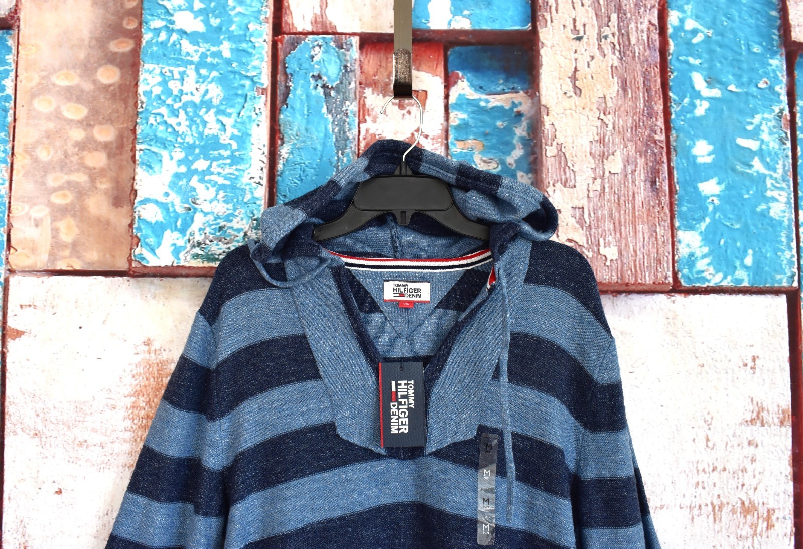 Men's Tommy Hilfiger Denim Essential Stripe Beach Hoodie Pullover MEDIUM Blue image 3
