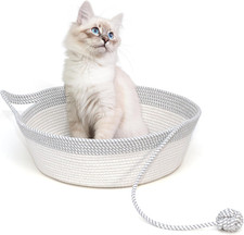 Cotton Rope Woven Cat Bed Basket, Hand Woven with Toy Tail, Small Dogs Puppies