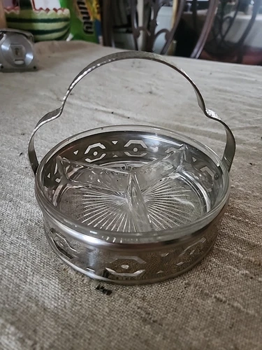 Vintage Depression Glass Condiment Dish with Silver Handled Caddy