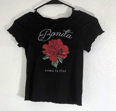 NWT Belle Du Jour Girls Black ''Bonita Como La Flor'' T-Shirt Size M