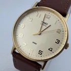 Vintage Timex Quartz Watch Men Gold Tone Leather Band Analog New Battery