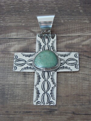 Navajo Indian Nickel Silver Turquoise Cross Pendant Signed JC