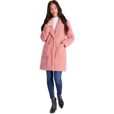 French Connection $200 Notch Lapel Coral Pink Sherpa Teddy Coat NWT