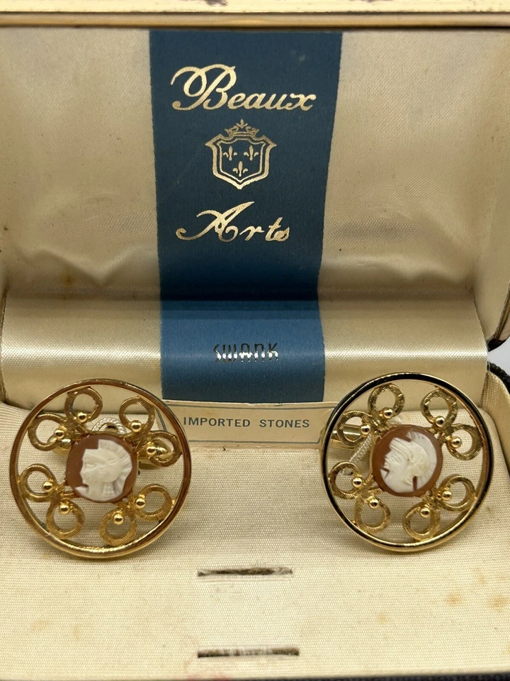 Gemelos redondos camafeo guerrero troyano arte bella cisne vintage tono dorado Foto 2 de 4