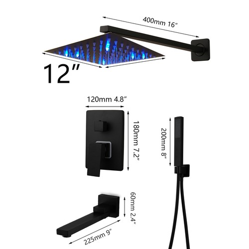 12" Black Bathroom Shower Faucet Set LED Square Heads Mixer Valve Swivel Tub Tap - Bild 2 von 9