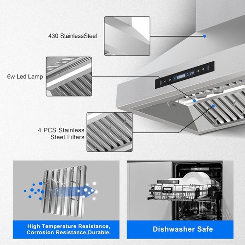 30inch Wall Mount Range Hood 900CFM Kitchen Stove Stainless Steel TouchControl - Picture 7 of 15