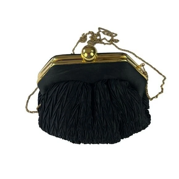 Mini bolsos clutch de satén plisados negros vintage La Regale con detalles dorados Foto 3 de 4