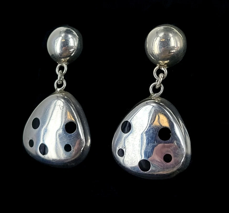 Argento D'Epoca Intarsio Onice Nera Gonfio Medio Secolo Post Retro Orecchini - Immagine 2 di 4