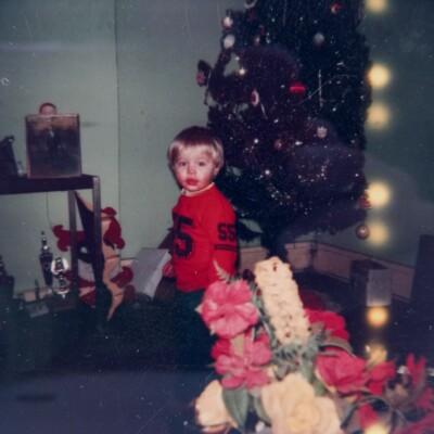 Vintage Polaroid Photo Child Christmas Tree Odd Lights Flowers Found Snapshot