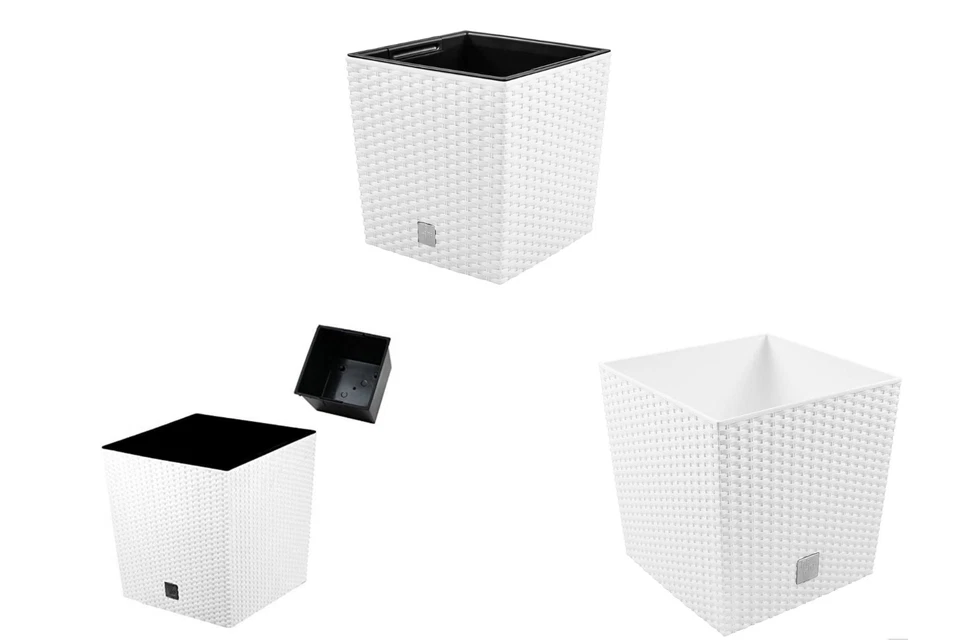 PROSPER PLAST Square Plant Pot Rattan Low Elegant Garden Planters Indoor Outdoor White