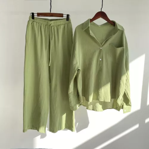 Women Lady Summer Solid Color Cotton Linen Suit Lapel Long Sleeve Top Leg Pants - Bild 39 von 42