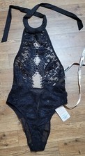 House of CB London Alcy Halter Lace One Piece Bodysuit Black Women's Size S~ NWT