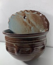 Vintage Studio Art Pottery Drip Glaze Brown  Blue Wall Pocket 7 in.