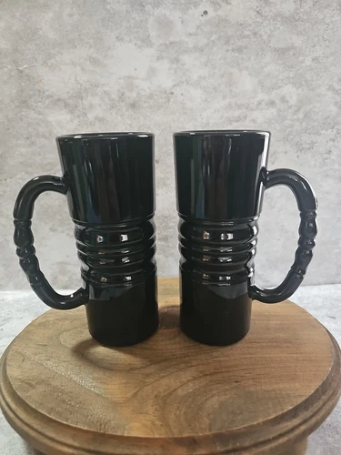 Vintage Indiana Glass Black Ribbed Heavy Duty 10 Oz Bar Tankard Mugs Set Of 2