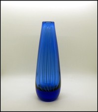 Vtg MCM Cobalt Blue Heavy Hand Blown Art Glass Vase, Indented Ground Base, 9.25"