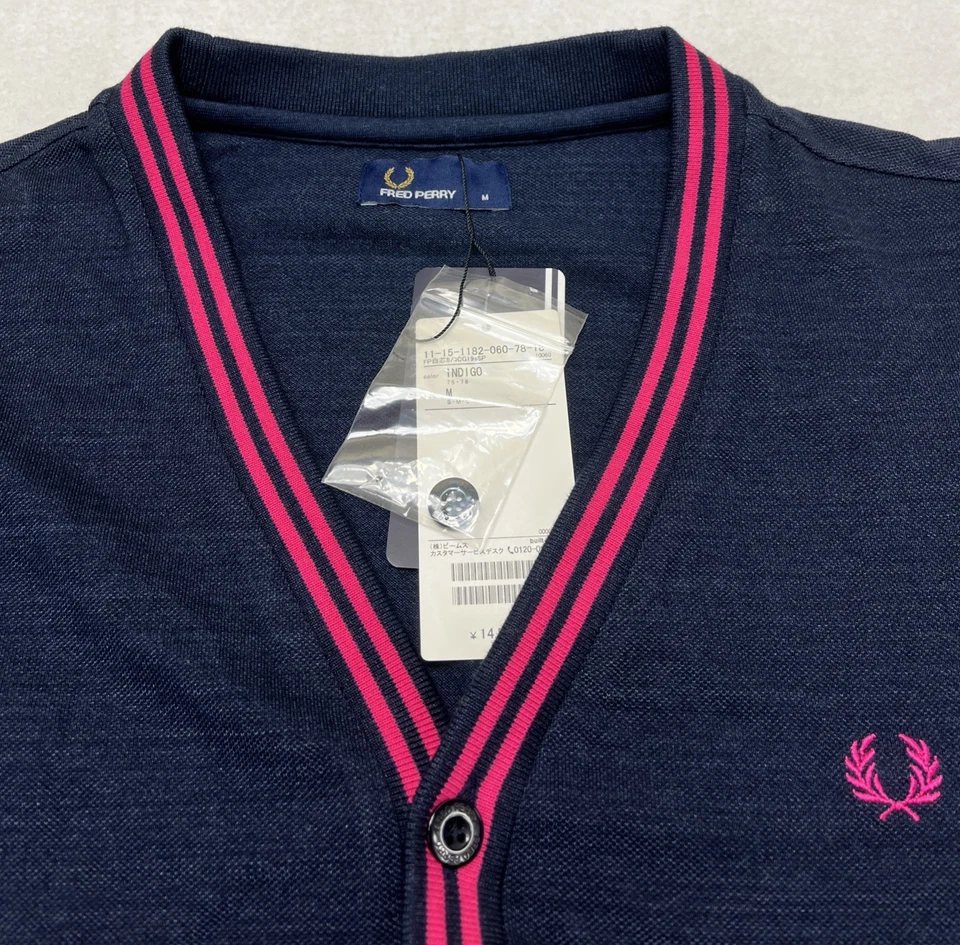 Fred Perry Mens Navy Blue V Neck Button Up Cardigan Side Pockets Size Medium NWT - Image 3 of 4