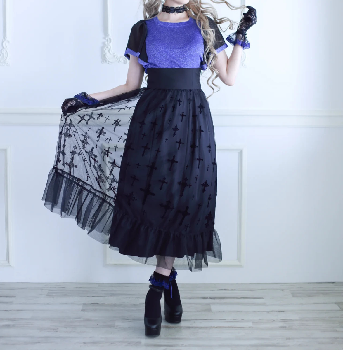 NEW Moi meme Moitie Flocky Cross Highwaist Long Skirt Mana Gothic