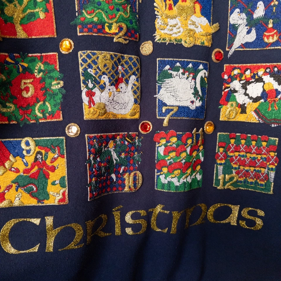 复古 12 天圣诞运动衫 L 金属金色亮片 90 年代假日丑陋 — 第 2/4 张图片