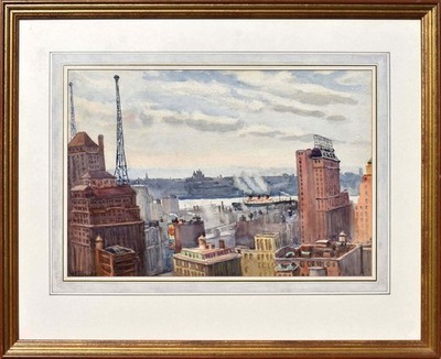 Original MS Elwes Painting c.1945  - Manhattan Skyline - Queen Mary ''Grey Ghost''
