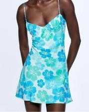Zara Blue & Green Floral Print Spaghetti Strap Mini Dress Size Small