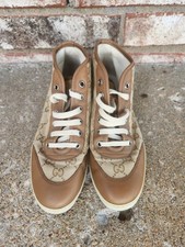 Authentic Women's Gucci GG Monogram High Top Sneakers Canvas Leather Sz 35.5 5.5