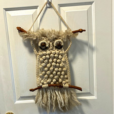 Vintage Macrame Owl Wall Hanging 70  s Yarn, Driftwood Sticks, Fringe