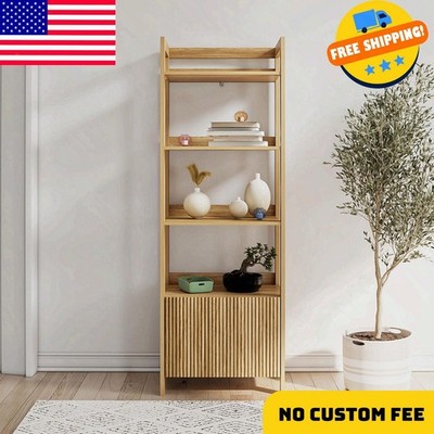 4-Shelf Reeded Bookcase with Drawer, Natural Teak