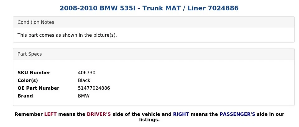 BMW 535I 2008-2010 - alfombrilla de maletero / revestimiento 7024886 Foto 4 de 4