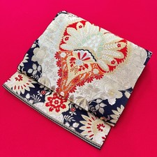 Japanese Kimono Obi 'FUKURO OBI' Silk/Gold/Black/Flower/Traditional N1149