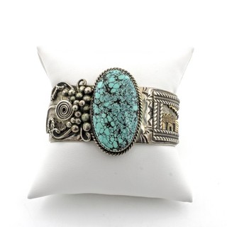 Southwest Signed 14k Yellow Gold Sterling Turquoise Rope Cuff Bracelet #S4392 1