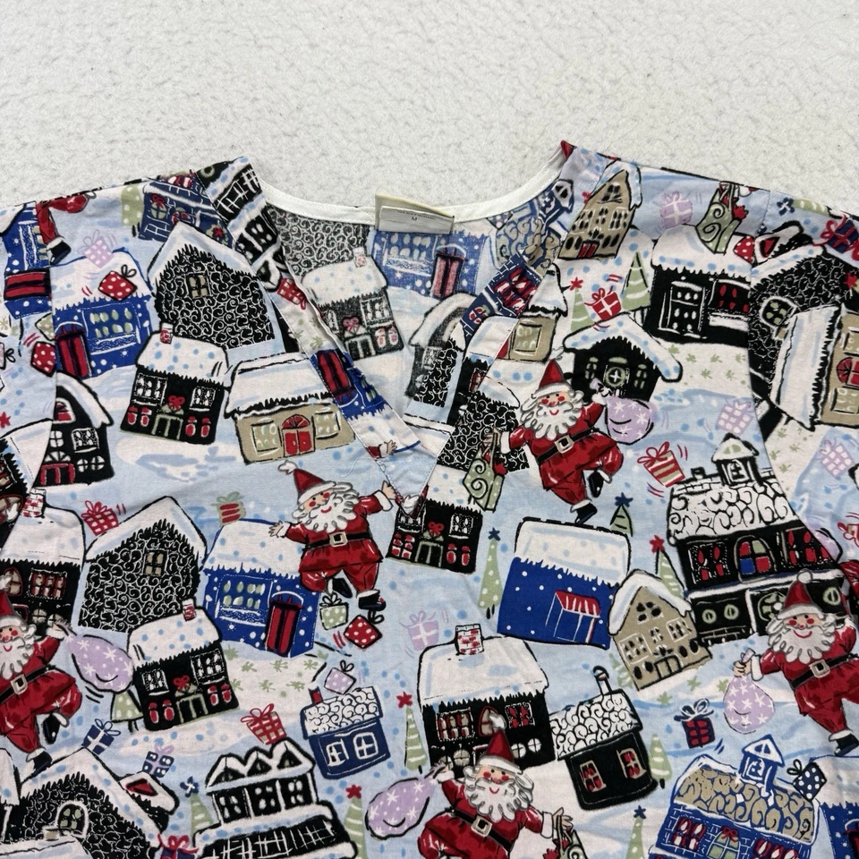 Blusa Médica Navidad Para Mujer Mediana M Azul Papá Noel Cuello en V Manga Corta Foto 3 de 4