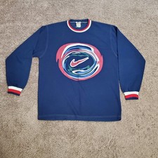 Vtg 90s Nike White Tag Sweatshirt Mens L Blue Swirl Swoosh Graphic Crewneck USA
