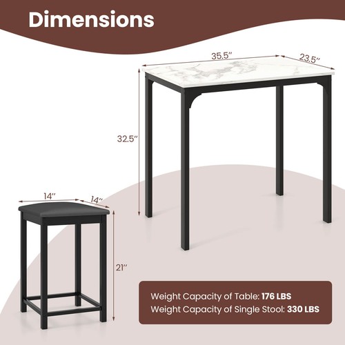 Juego de comedor de 3 piezas de contraaltura mesa de mármol sintético y 2 sillas barra de cocina nuevo - Imagen 2 de 12