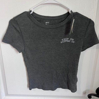 Aerie Womens XS Charcoal Grey Ribbed Waffle Knit Keep On Keeping On Graphic Tee