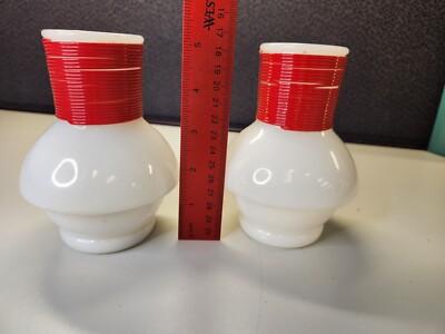 2 Vintage McKee Hottle Glasbake Bottles White Milk Glass Red Band