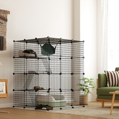 PawHut DIY Cat Cage Indoor with Hammock, for 1-3 Cats, 3 x 3 x 4, Black