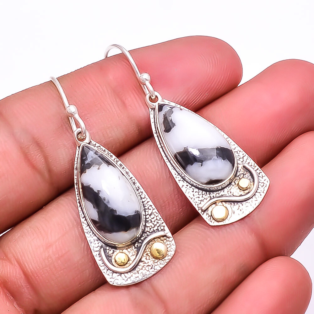 White Buffalo Turquoise - Nevada 925 Sterling Silver Two Tone Earring 2.03