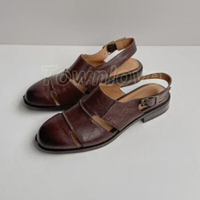 Womens Real Leather Slingback Low Block Heel Sandal Closed Toe Retro Roman Style