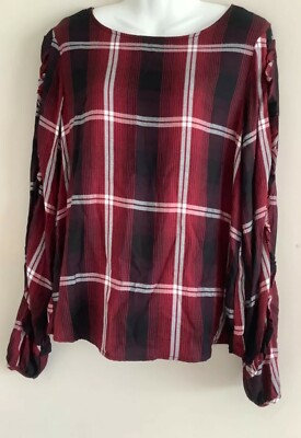 Anthro Sanctuary Zinfandel Ruffled Sleeves Plaid Knit Blouse in Red Sz m