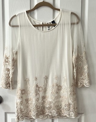 BKE Buckle Top Women s Small Ivory Gold Tunic Eyelet Mesh Lace Overlay Blouse