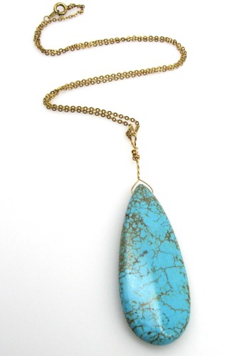 Turquoise Blue Howlite Wire Wrap Teardrop Pendant Necklace 17.5" - Picture 2 of 6