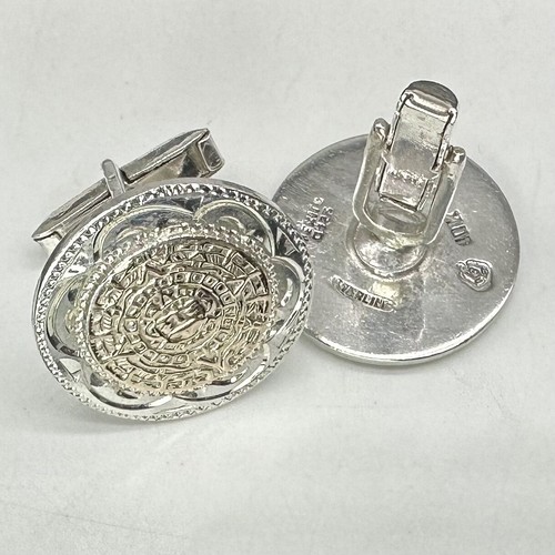 Vintage Plafina Mexico Sterling Silver 10k Yellow Gold Mayan Calendar Cufflinks - Picture 5 of 11