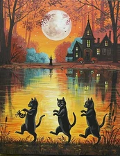 ACEO PRINT OF PAINTING RYTA WITCH BLACK CAT HALLOWEEN HAUNTED HOUSE Folk Art 🎃