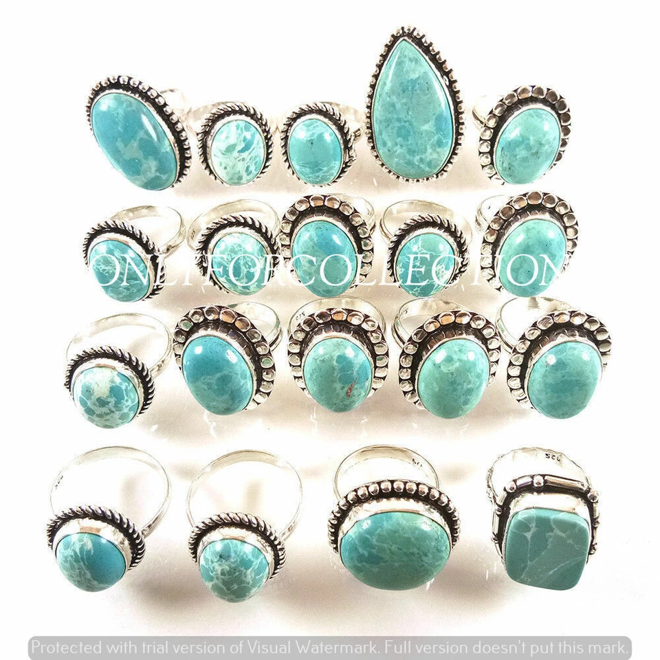 Lote de 10 anillos de diseño enchapados en plata de ley 925 con piedras preciosas Larimar de invierno Foto 2 de 4