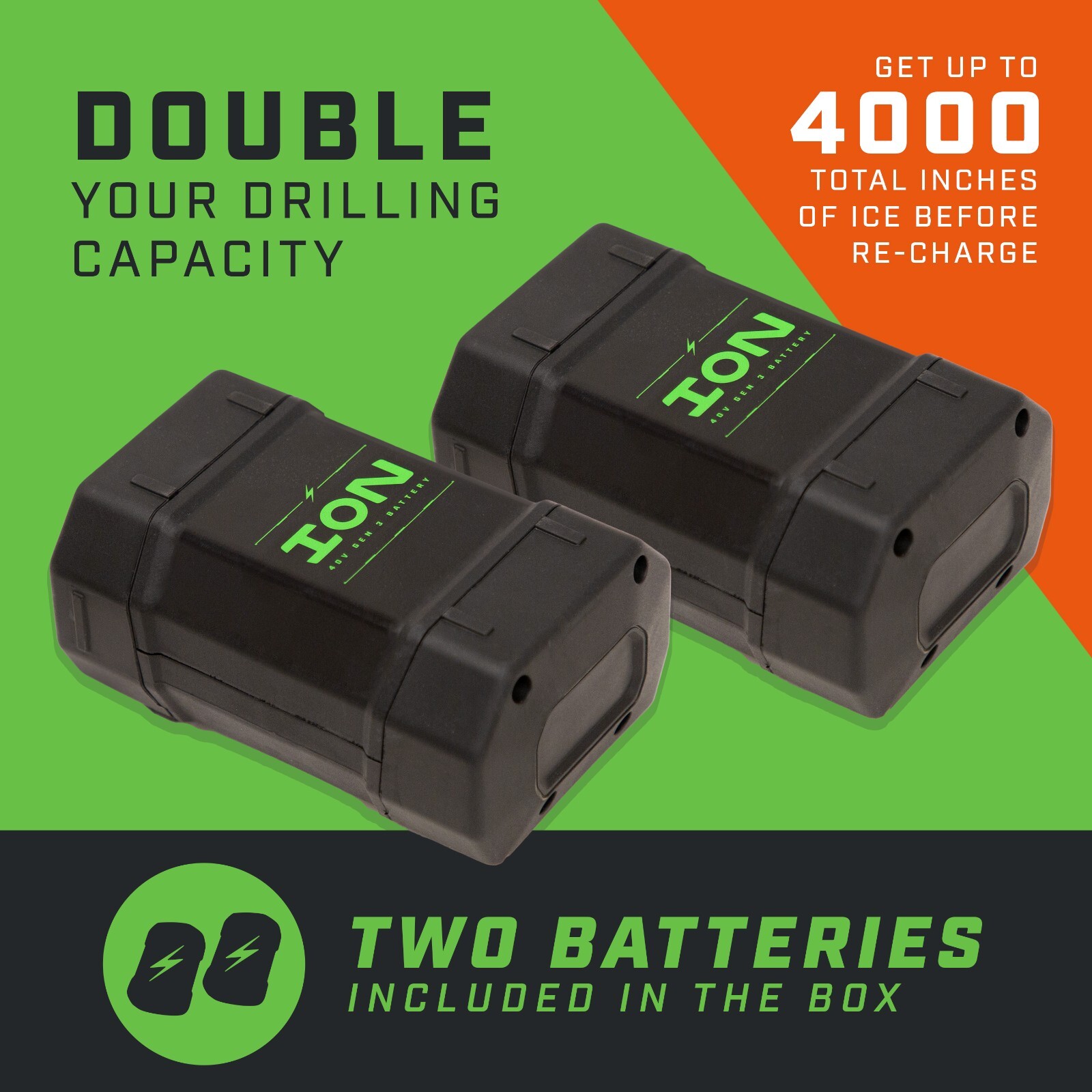 ION Alpha Plus 8-Inch Electric Ice Auger, Two Lithium-ion Batteries, Composite