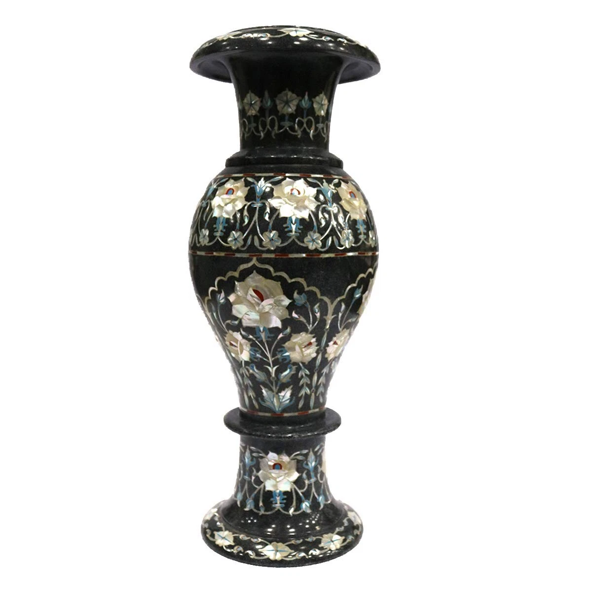 16" Marble Flower Vase Semi-Precious Stones Work Handmade Art Home Decor
