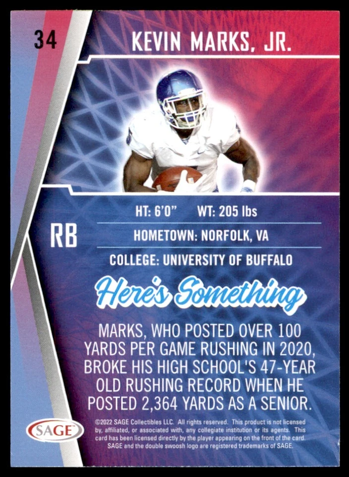 Kevin Marks Jr. 2022 SAGE HIT Rookie Card RC #34 Buffalo Bulls - Image 2 of 2