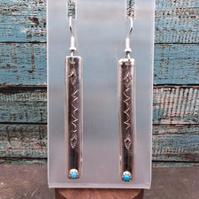 Native American Aztec Etch Turquoise Bar Earrings 2.5in Drop Sterling Silver