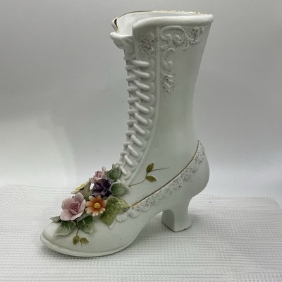  VTG Japan  Lefton China KW4740 Porcelain Boot Shoe Vase Flowers And Gold Trim